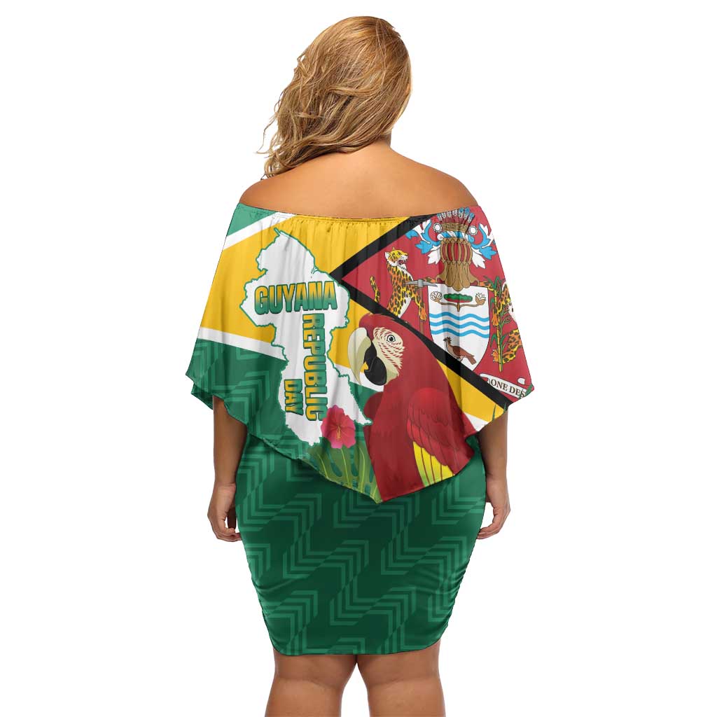 Guyana Republic Day Family Matching Off Shoulder Short Dress and Hawaiian Shirt Scarlet Macaw With Map Tropical Style