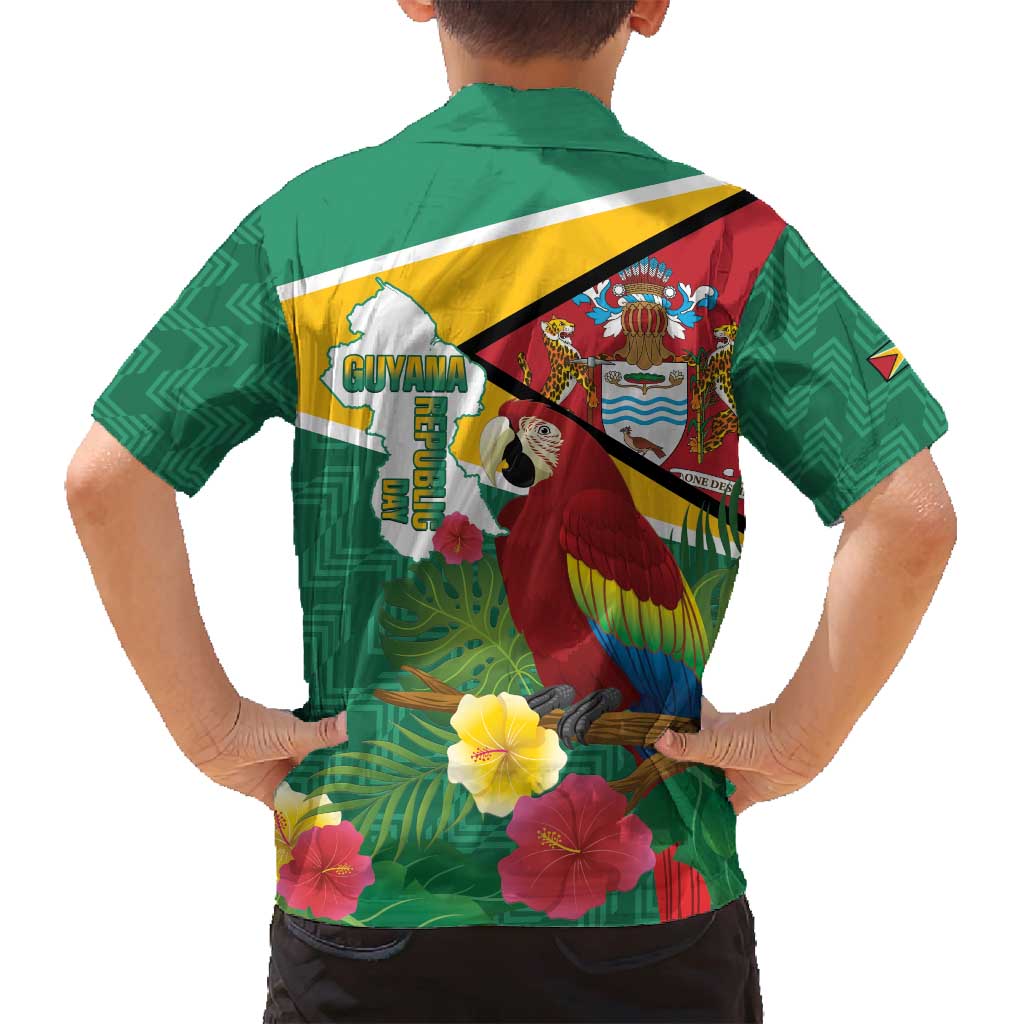 Guyana Republic Day Family Matching Puletasi and Hawaiian Shirt Scarlet Macaw With Map Tropical Style