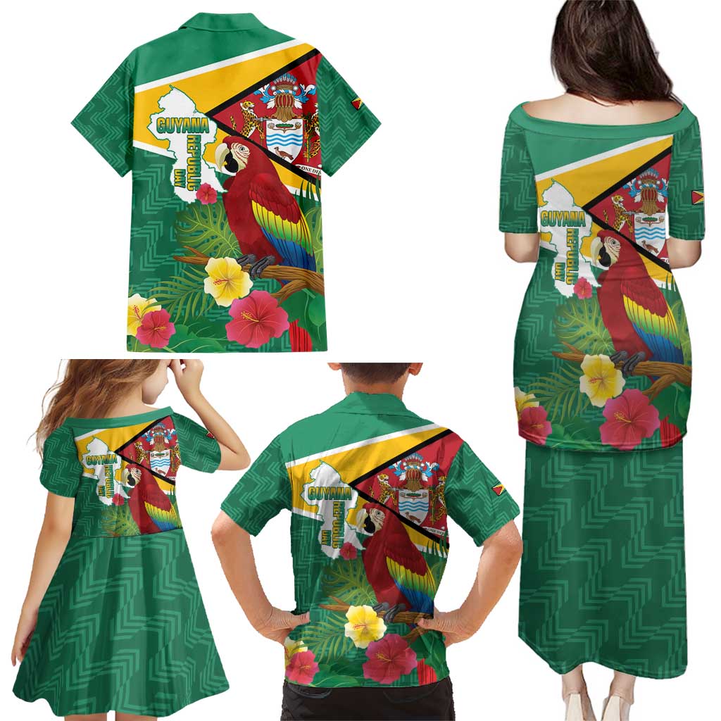 Guyana Republic Day Family Matching Puletasi and Hawaiian Shirt Scarlet Macaw With Map Tropical Style