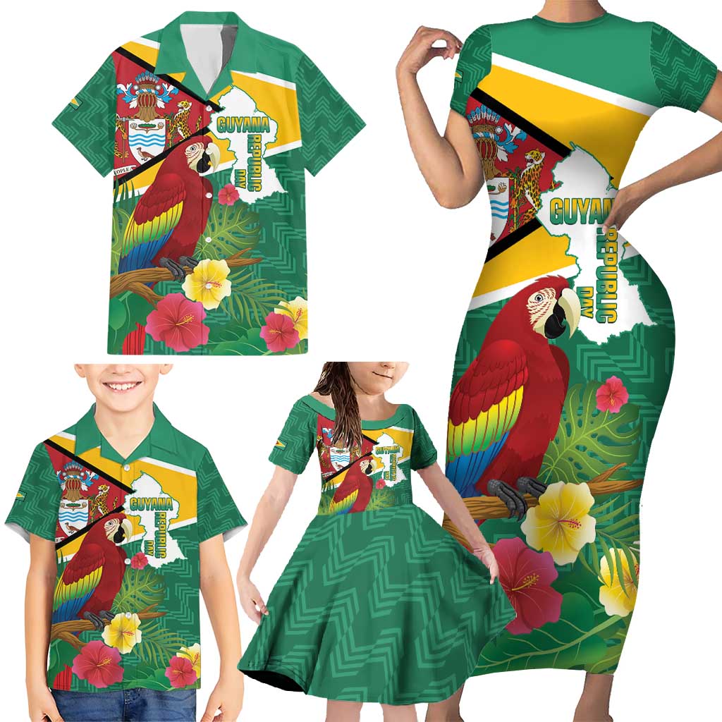 Guyana Republic Day Family Matching Short Sleeve Bodycon Dress and Hawaiian Shirt Scarlet Macaw With Map Tropical Style