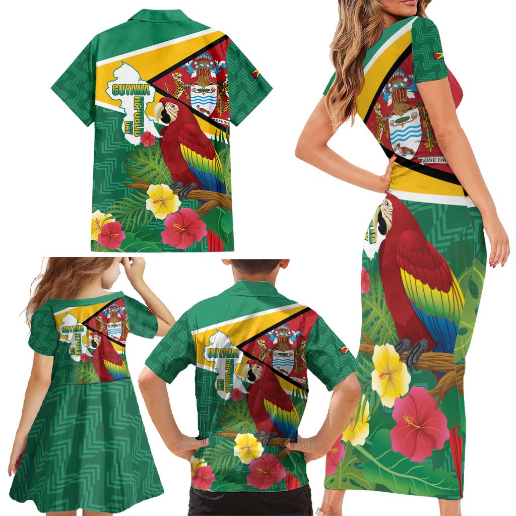 Guyana Republic Day Family Matching Short Sleeve Bodycon Dress and Hawaiian Shirt Scarlet Macaw With Map Tropical Style
