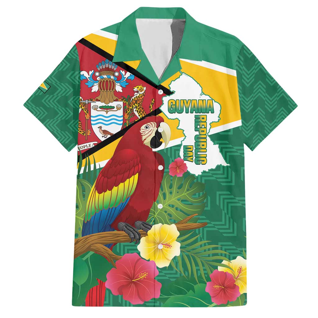 Guyana Republic Day Family Matching Short Sleeve Bodycon Dress and Hawaiian Shirt Scarlet Macaw With Map Tropical Style