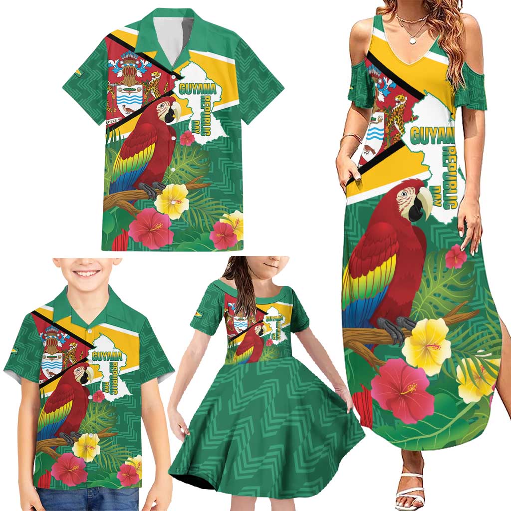 Guyana Republic Day Family Matching Summer Maxi Dress and Hawaiian Shirt Scarlet Macaw With Map Tropical Style
