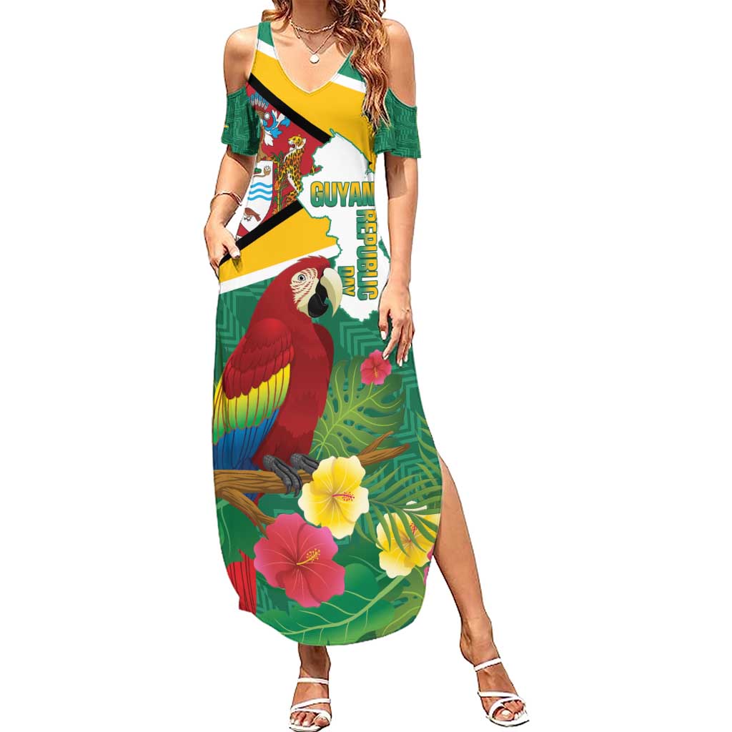Guyana Republic Day Family Matching Summer Maxi Dress and Hawaiian Shirt Scarlet Macaw With Map Tropical Style