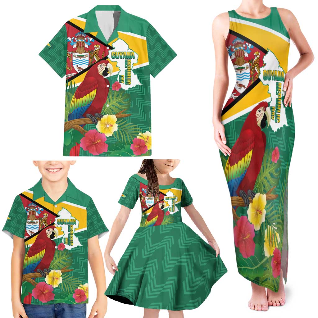 Guyana Republic Day Family Matching Tank Maxi Dress and Hawaiian Shirt Scarlet Macaw With Map Tropical Style