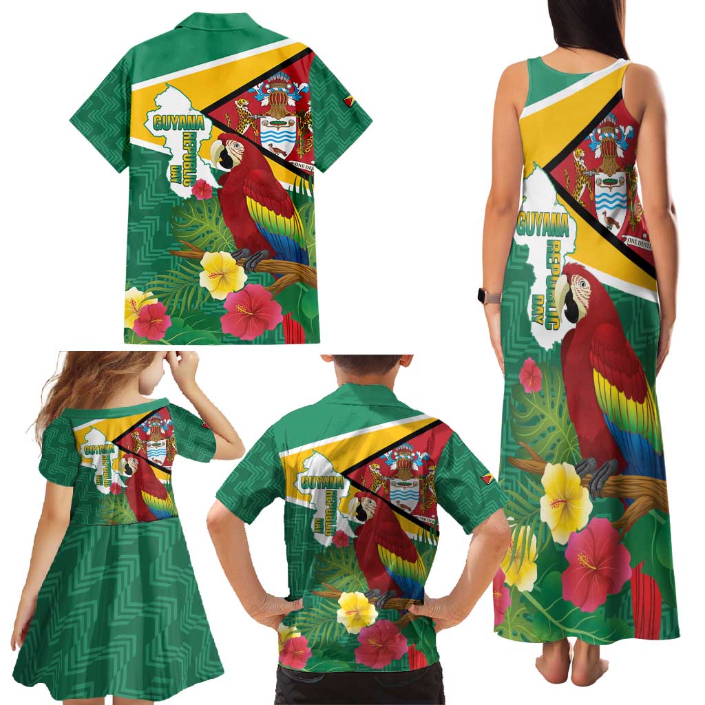 Guyana Republic Day Family Matching Tank Maxi Dress and Hawaiian Shirt Scarlet Macaw With Map Tropical Style