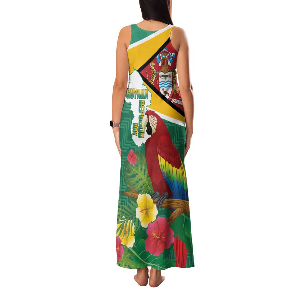 Guyana Republic Day Family Matching Tank Maxi Dress and Hawaiian Shirt Scarlet Macaw With Map Tropical Style