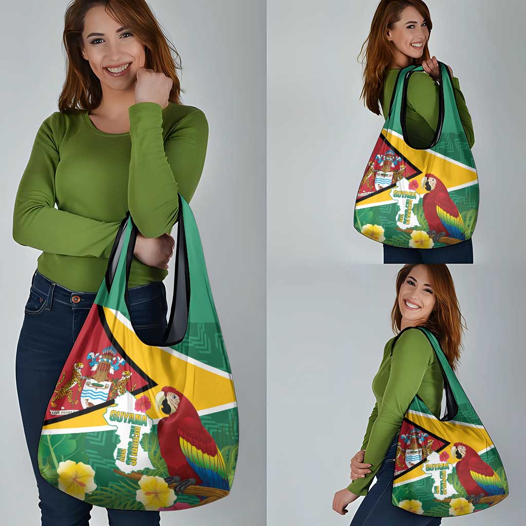 Guyana Republic Day Grocery Bag Scarlet Macaw With Map Tropical Style