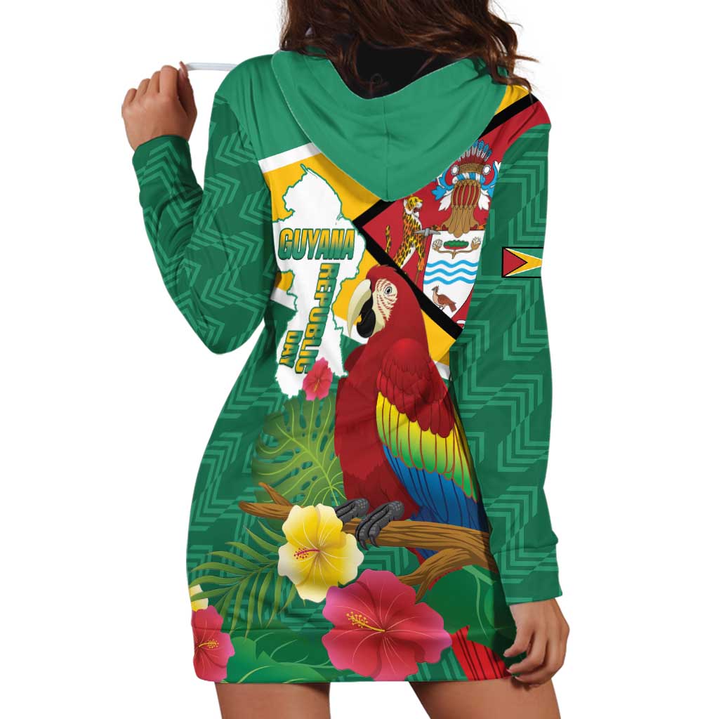 Guyana Republic Day Hoodie Dress Scarlet Macaw With Map Tropical Style