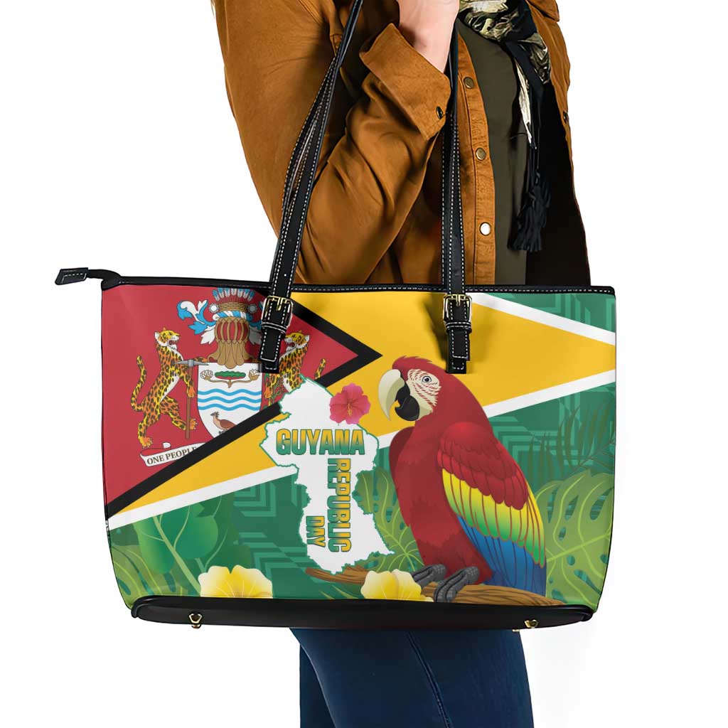 Guyana Republic Day Leather Tote Bag Scarlet Macaw With Map Tropical Style