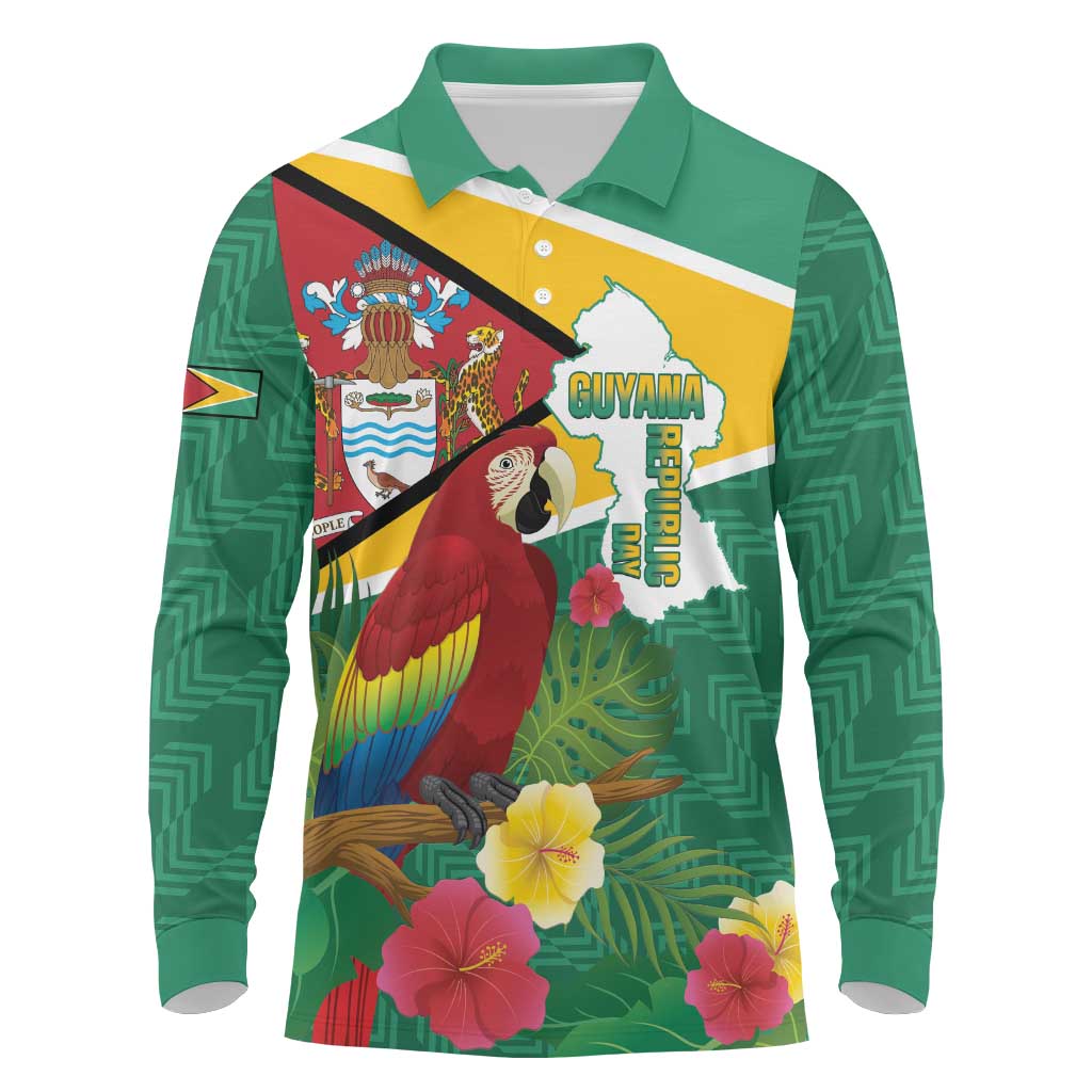 Guyana Republic Day Long Sleeve Polo Shirt Scarlet Macaw With Map Tropical Style