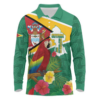 Guyana Republic Day Long Sleeve Polo Shirt Scarlet Macaw With Map Tropical Style