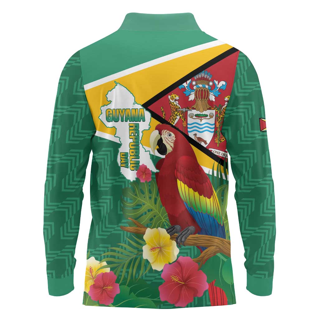 Guyana Republic Day Long Sleeve Polo Shirt Scarlet Macaw With Map Tropical Style