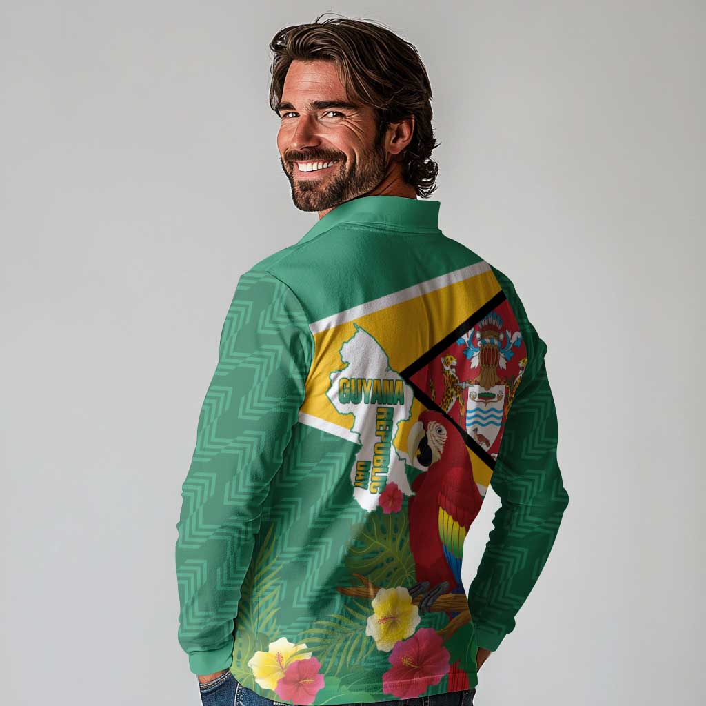Guyana Republic Day Long Sleeve Polo Shirt Scarlet Macaw With Map Tropical Style