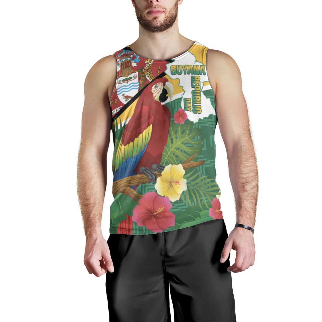Guyana Republic Day Men Tank Top Scarlet Macaw With Map Tropical Style