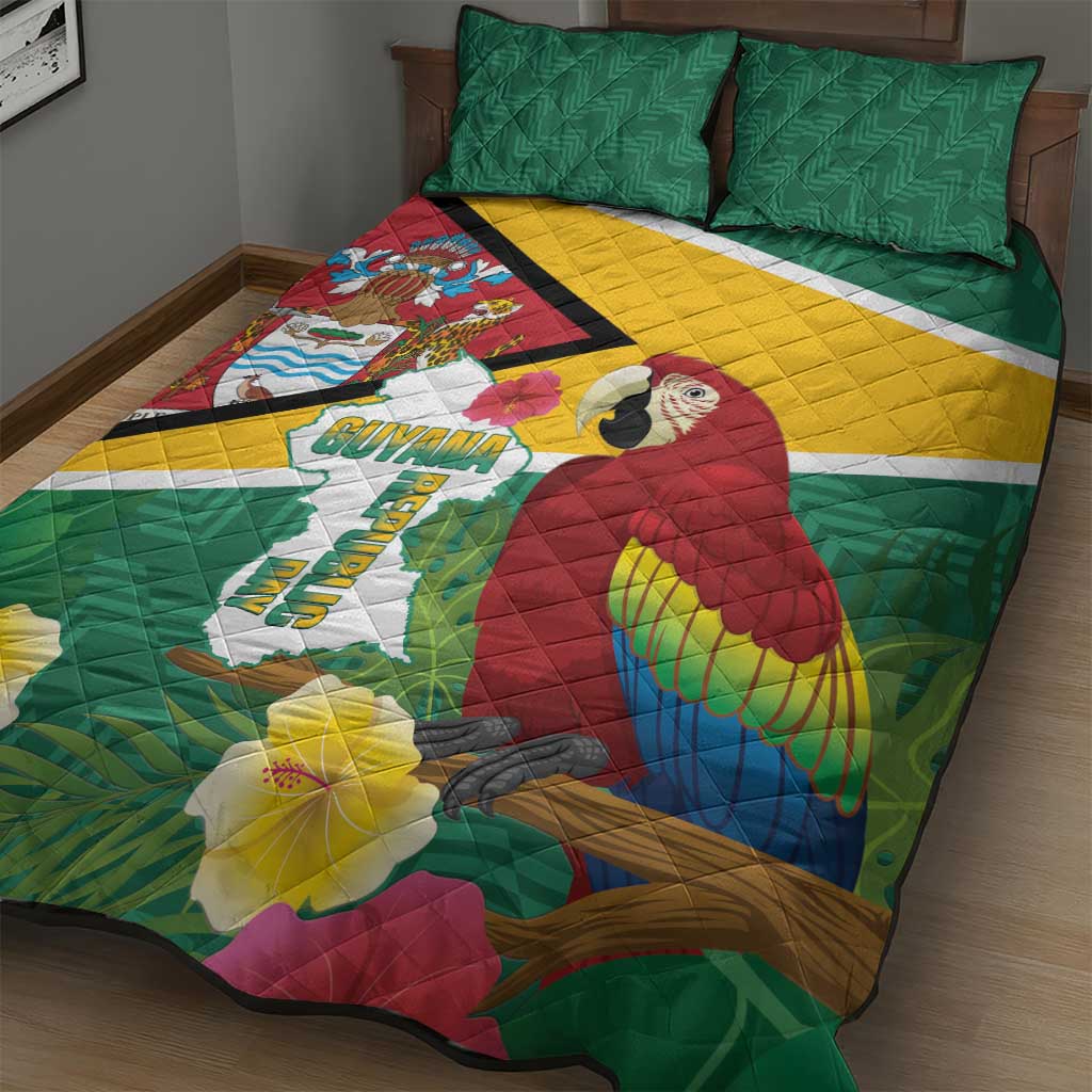 Guyana Republic Day Quilt Bed Set Scarlet Macaw With Map Tropical Style - Wonder Print Shop
