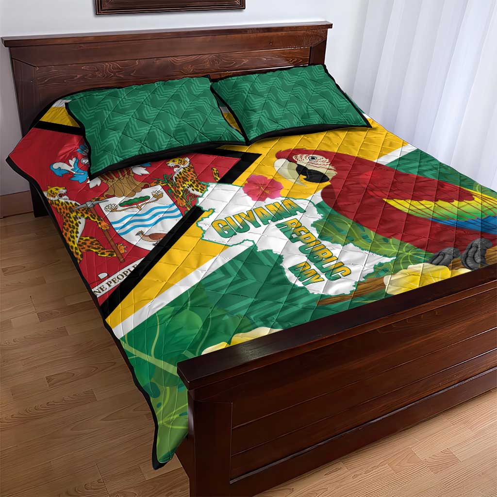 Guyana Republic Day Quilt Bed Set Scarlet Macaw With Map Tropical Style - Wonder Print Shop
