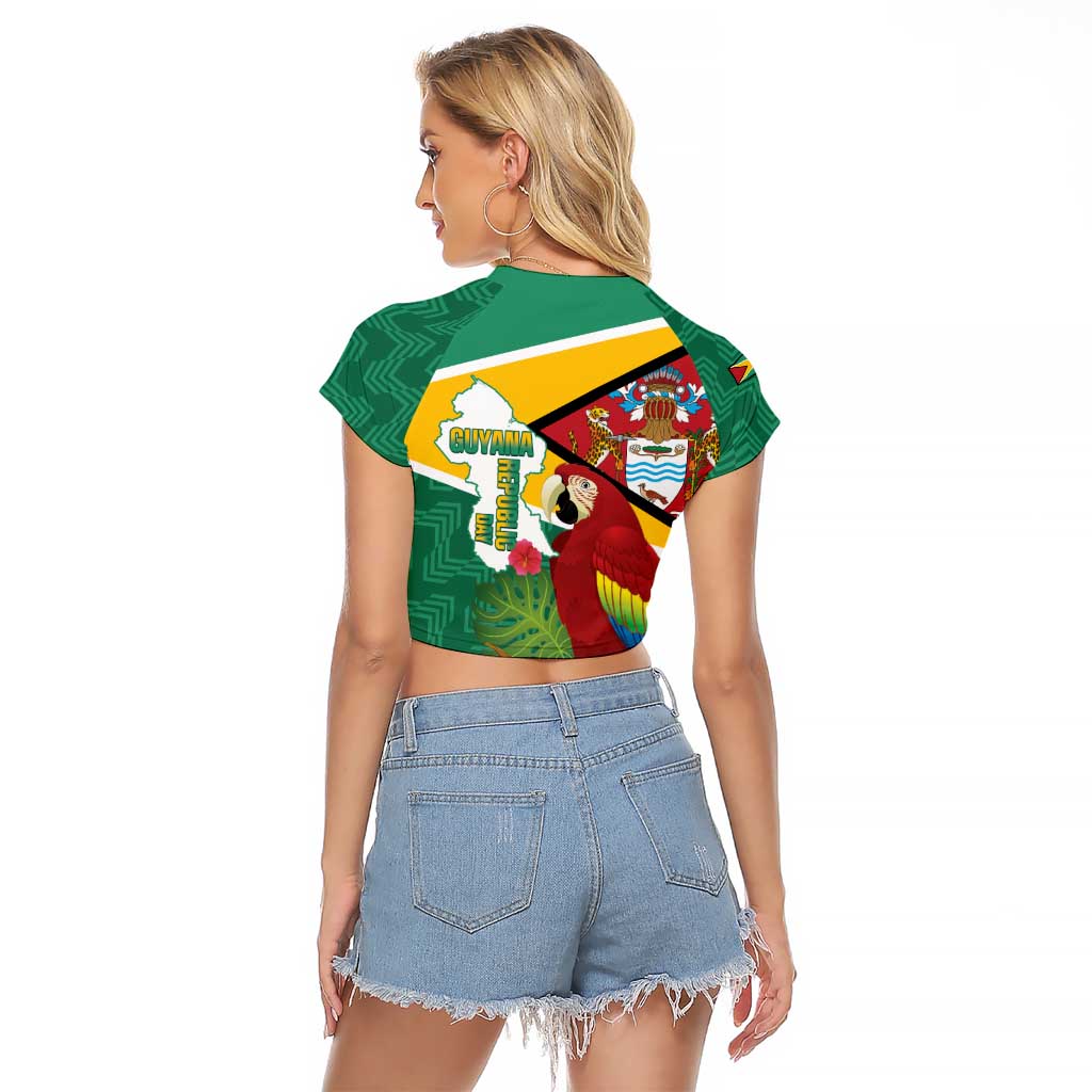 Guyana Republic Day Raglan Cropped T Shirt Scarlet Macaw With Map Tropical Style - Wonder Print Shop