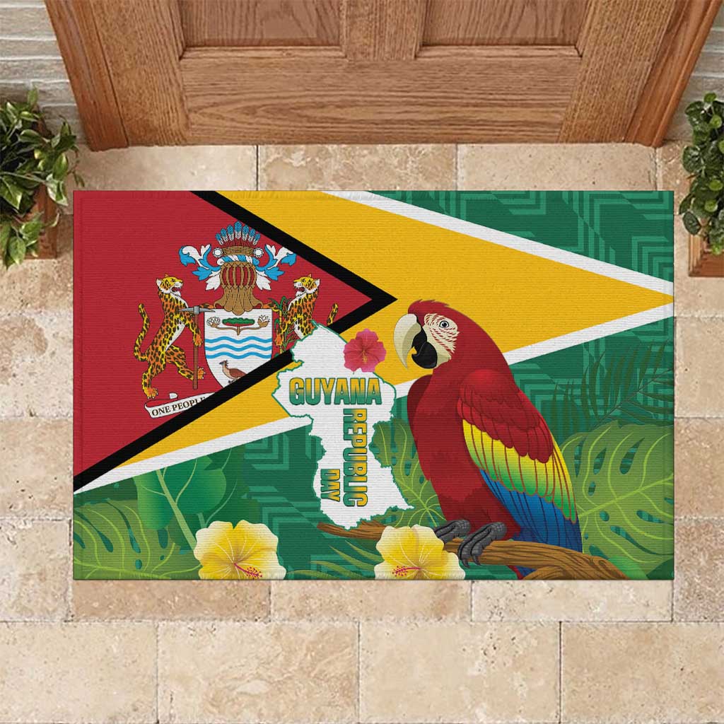 Guyana Republic Day Rubber Doormat Scarlet Macaw With Map Tropical Style - Wonder Print Shop