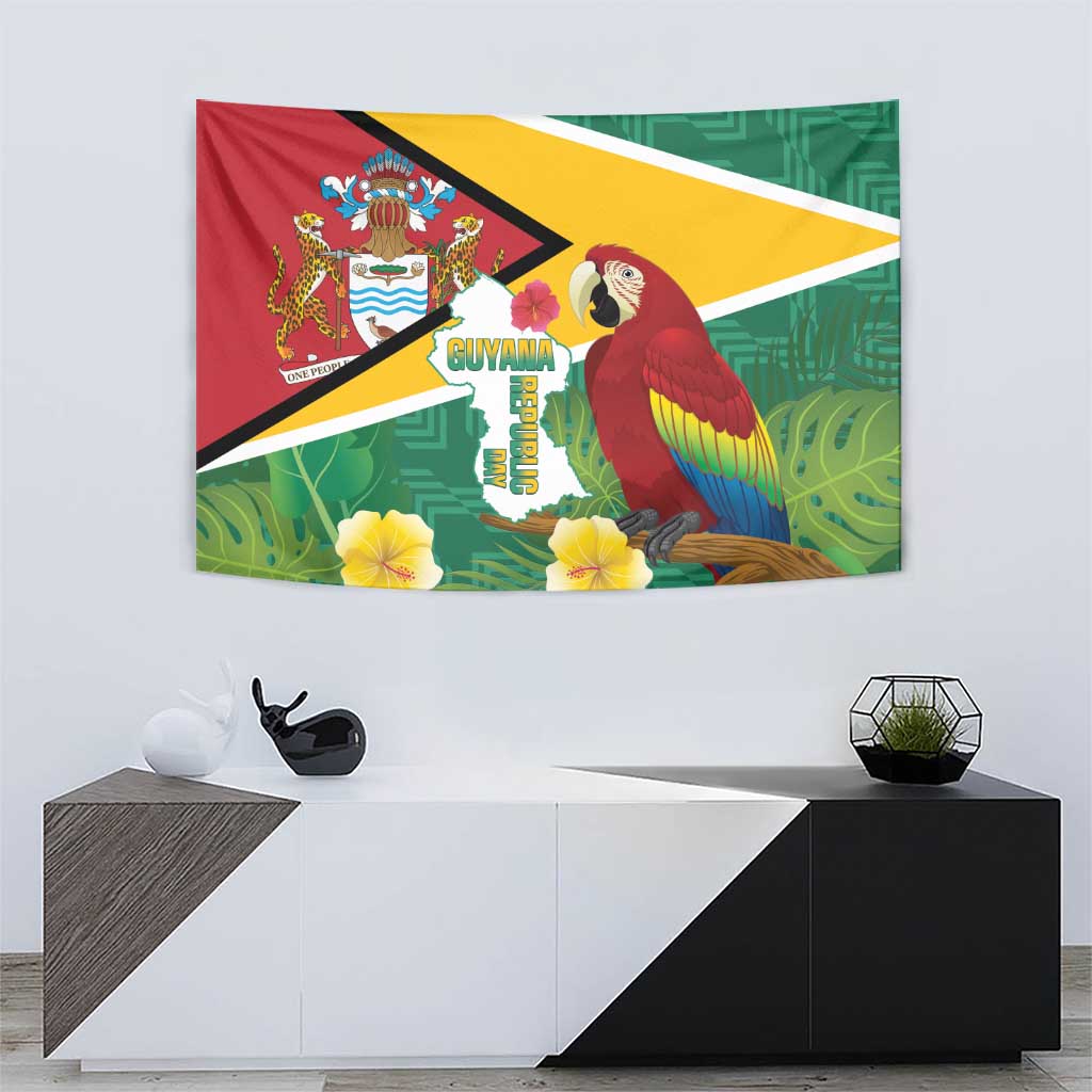 Guyana Republic Day Tapestry Scarlet Macaw With Map Tropical Style - Wonder Print Shop