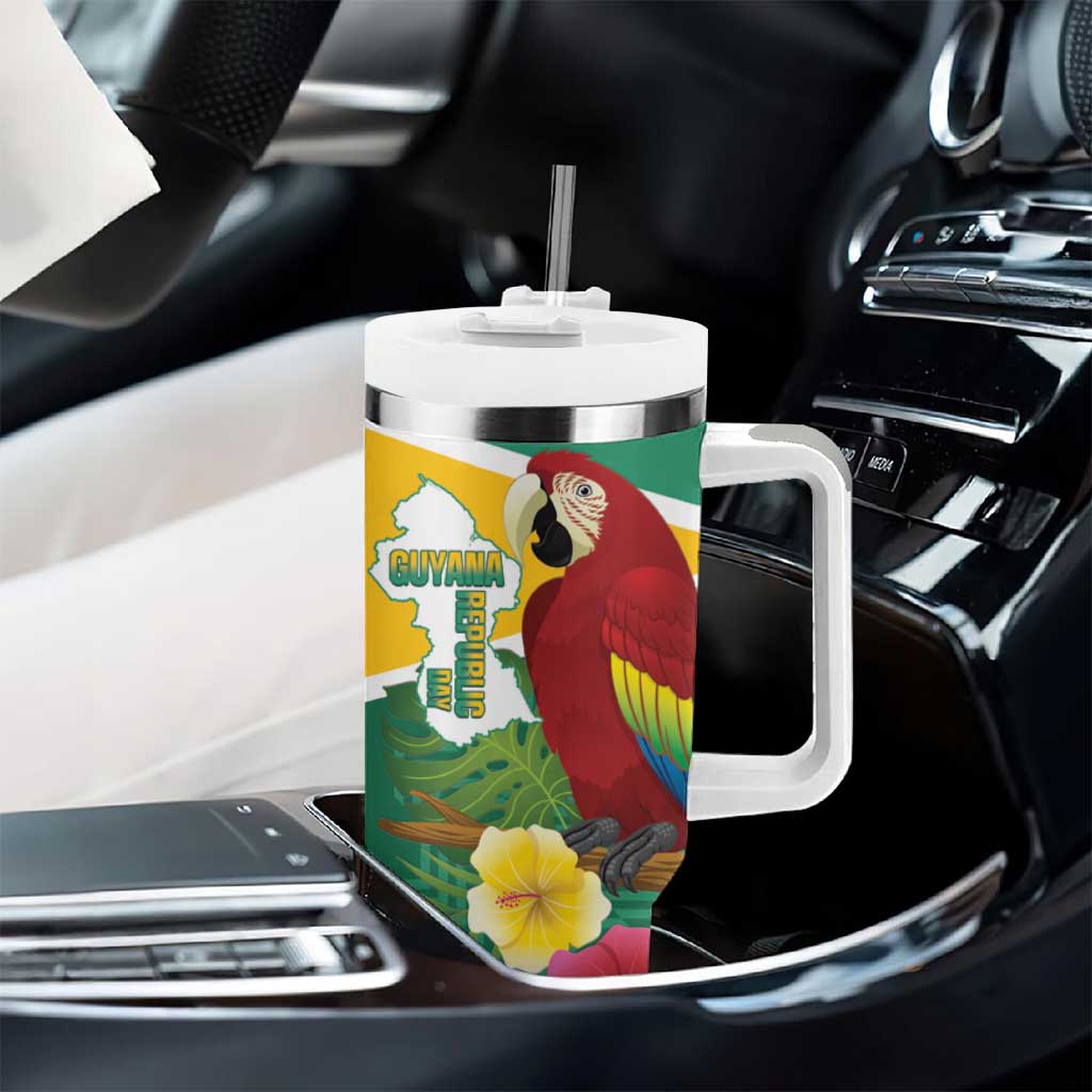 Guyana Republic Day Tumbler With Handle Scarlet Macaw With Map Tropical Style - Wonder Print Shop