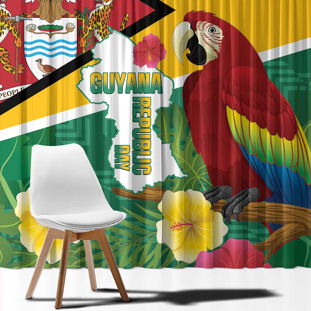 Guyana Republic Day Window Curtain Scarlet Macaw With Map Tropical Style - Wonder Print Shop