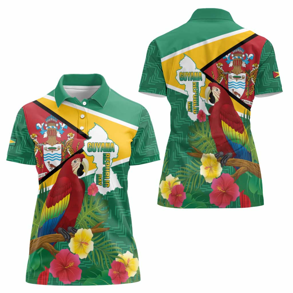 Guyana Republic Day Women Polo Shirt Scarlet Macaw With Map Tropical Style - Wonder Print Shop