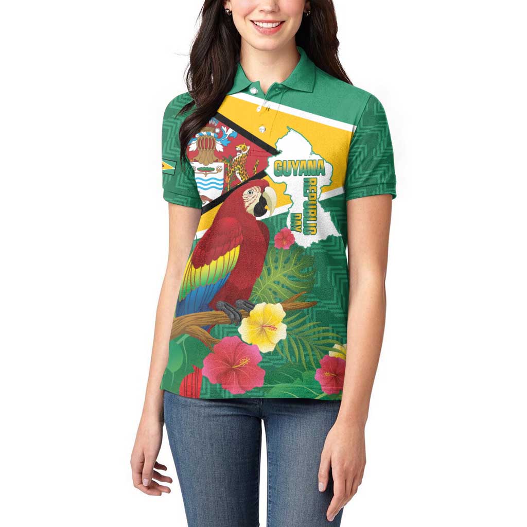 Guyana Republic Day Women Polo Shirt Scarlet Macaw With Map Tropical Style - Wonder Print Shop