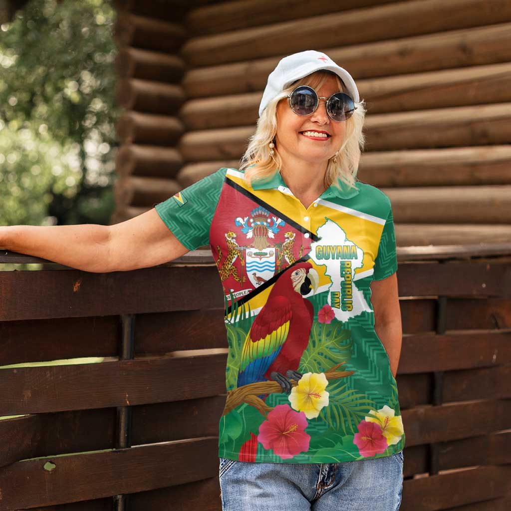 Guyana Republic Day Women Polo Shirt Scarlet Macaw With Map Tropical Style - Wonder Print Shop