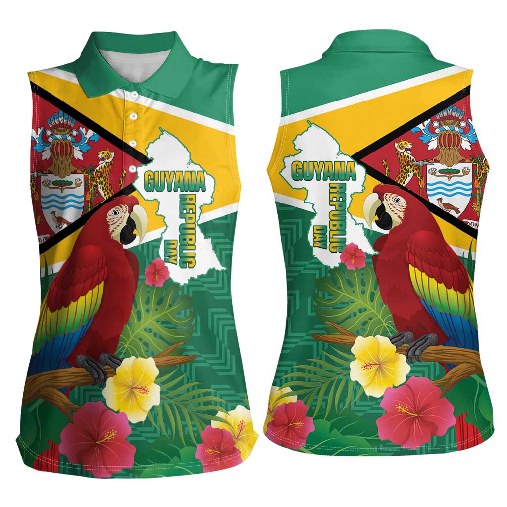 Guyana Republic Day Women Sleeveless Polo Shirt Scarlet Macaw With Map Tropical Style - Wonder Print Shop