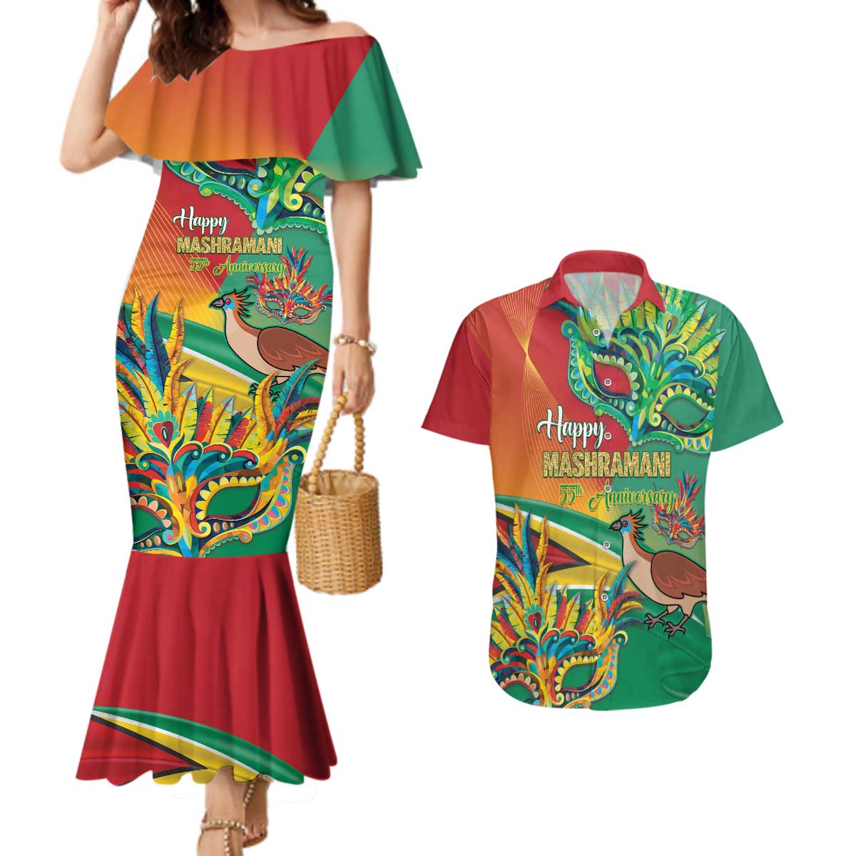 Guyana Republic Day Couples Matching Mermaid Dress and Hawaiian Shirt Happy Mashramani 55th Anniversary
