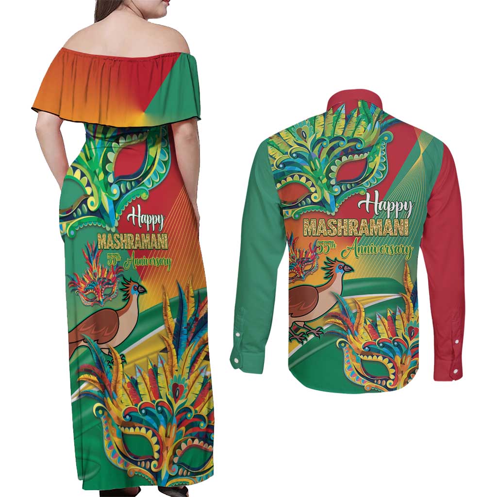 Guyana Republic Day Couples Matching Off Shoulder Maxi Dress and Long Sleeve Button Shirt Happy Mashramani 55th Anniversary