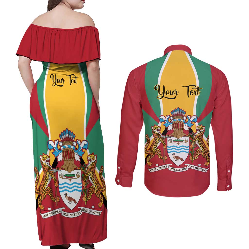 Personalized Guyana Coat Of Arms Couples Matching Off Shoulder Maxi Dress and Long Sleeve Button Shirt Flag Color