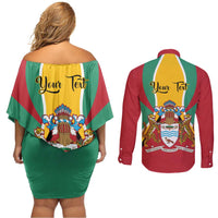 Personalized Guyana Coat Of Arms Couples Matching Off Shoulder Short Dress and Long Sleeve Button Shirt Flag Color