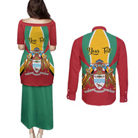 Personalized Guyana Coat Of Arms Couples Matching Puletasi and Long Sleeve Button Shirt Flag Color