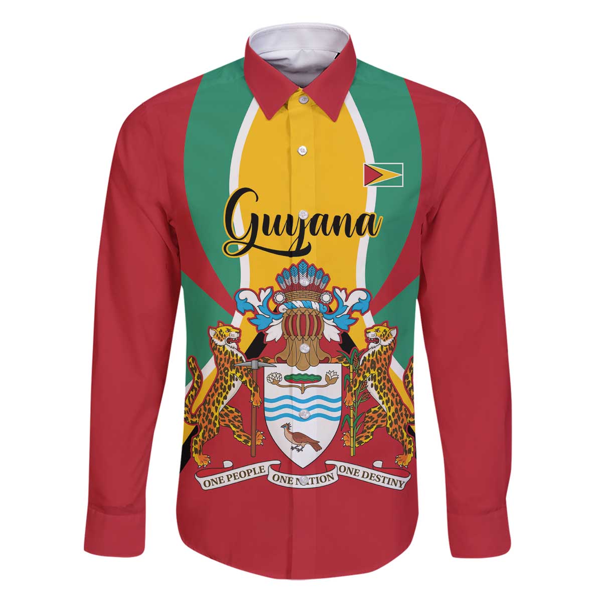 Personalized Guyana Coat Of Arms Family Matching Off The Shoulder Long Sleeve Dress and Hawaiian Shirt Flag Color