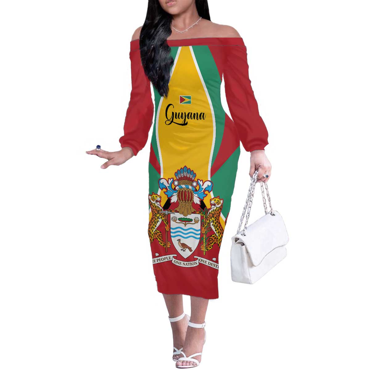Personalized Guyana Coat Of Arms Family Matching Off The Shoulder Long Sleeve Dress and Hawaiian Shirt Flag Color