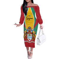 Personalized Guyana Coat Of Arms Family Matching Off The Shoulder Long Sleeve Dress and Hawaiian Shirt Flag Color