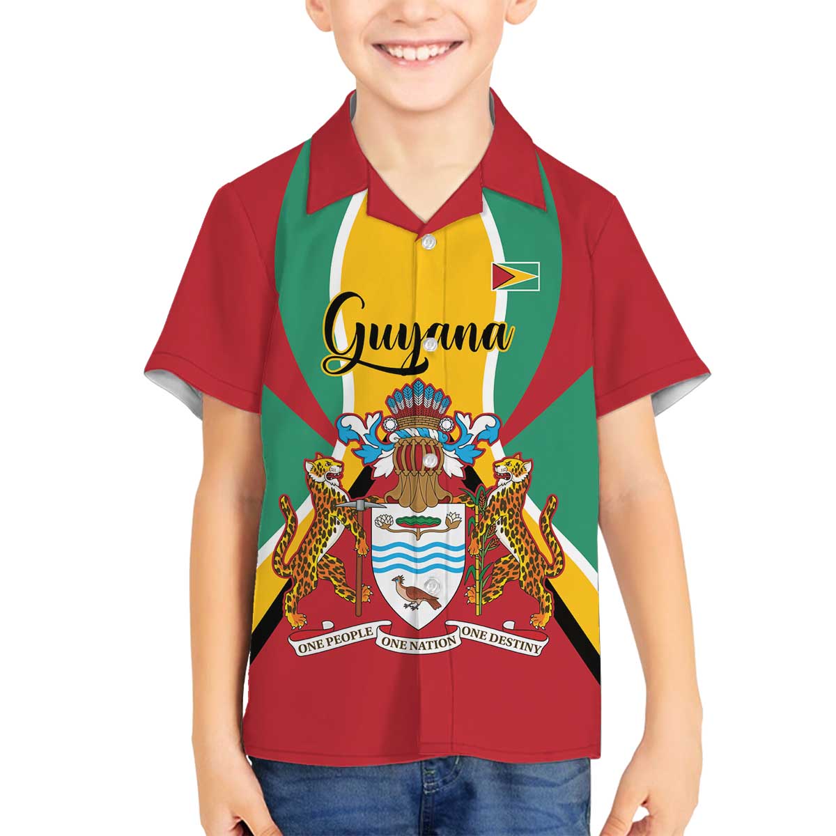 Personalized Guyana Coat Of Arms Family Matching Off The Shoulder Long Sleeve Dress and Hawaiian Shirt Flag Color