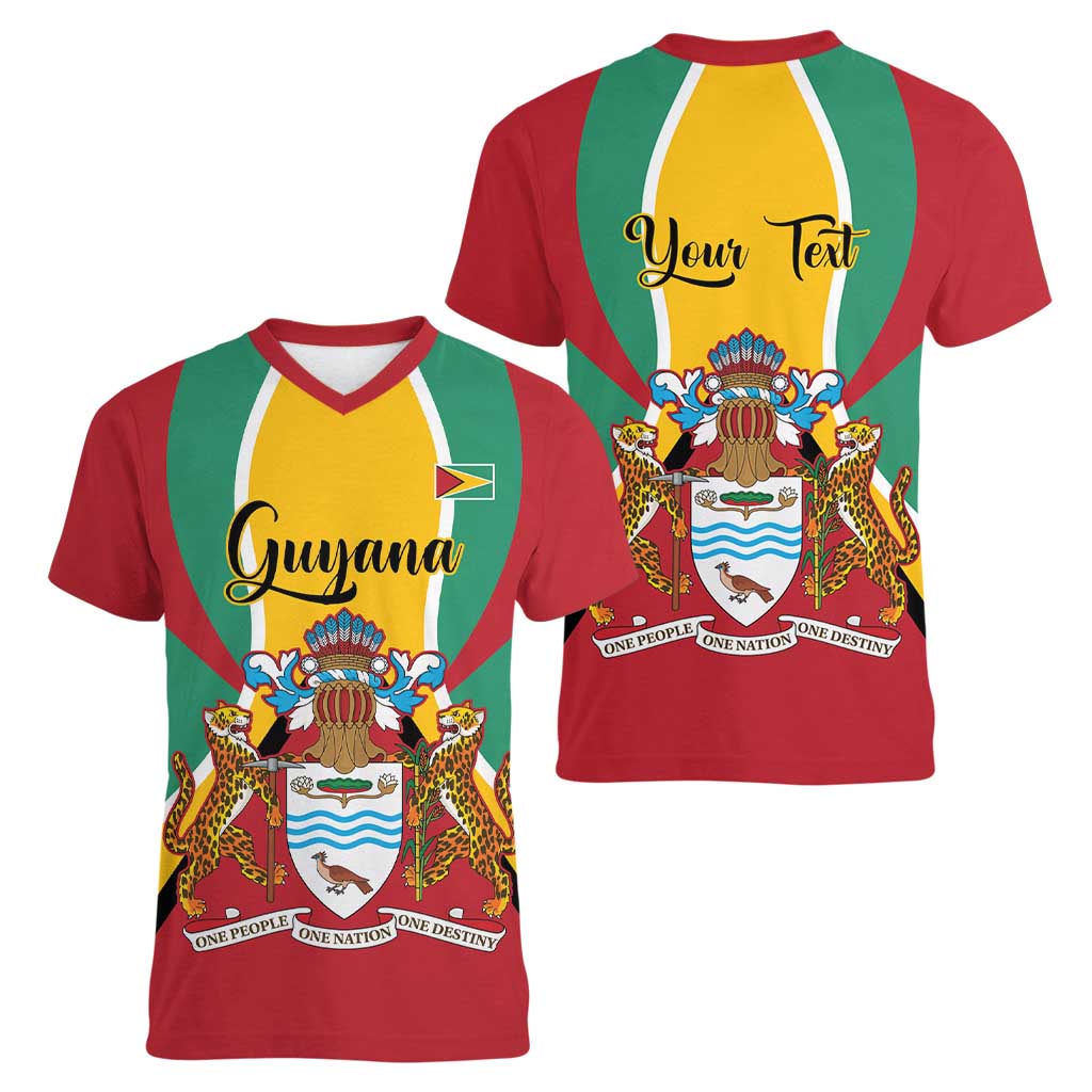 Personalized Guyana Coat Of Arms Women V-Neck T-Shirt Flag Color - Wonder Print Shop