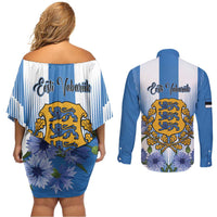 Estonia Independence Day Couples Matching Off Shoulder Short Dress and Long Sleeve Button Shirt Head Eesti Vabariigi Aastapaeva!