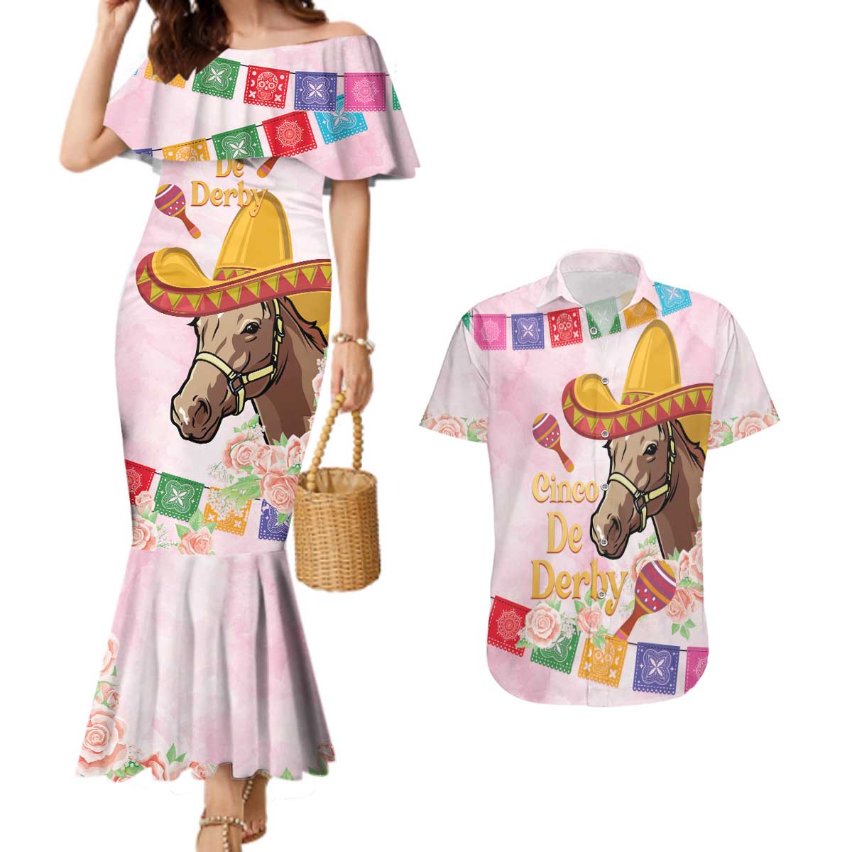 Cinco De Derby Couples Matching Mermaid Dress and Hawaiian Shirt 2025 Sombrero Horse Racing