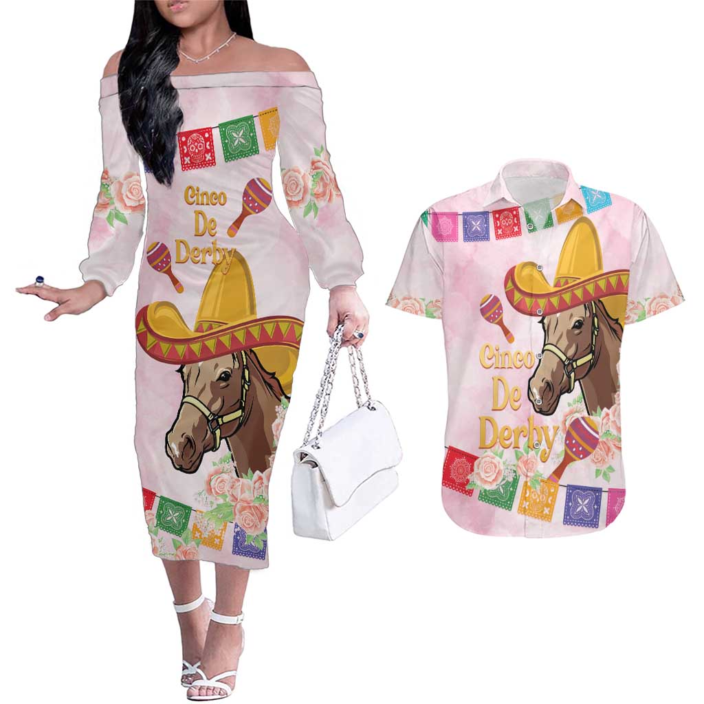 Cinco De Derby Couples Matching Off The Shoulder Long Sleeve Dress and Hawaiian Shirt 2025 Sombrero Horse Racing
