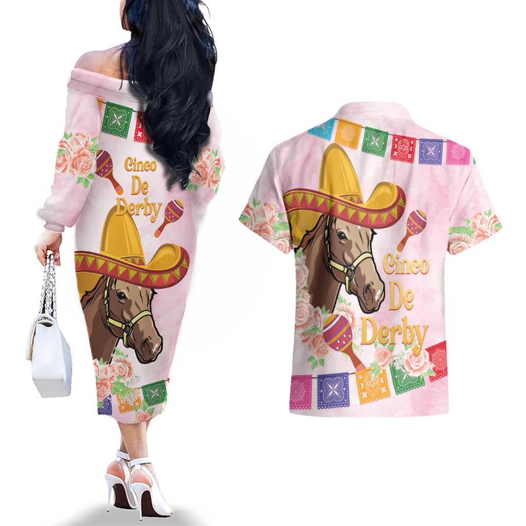 Cinco De Derby Couples Matching Off The Shoulder Long Sleeve Dress and Hawaiian Shirt 2025 Sombrero Horse Racing