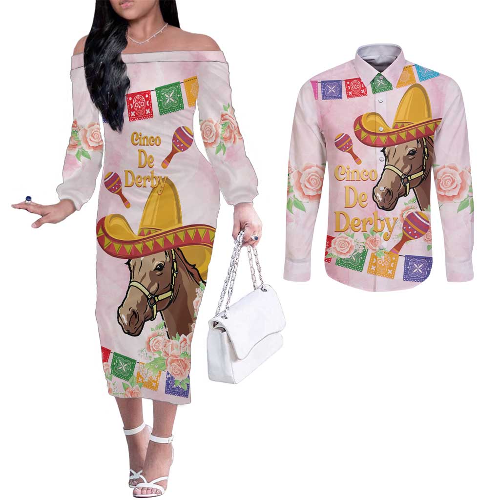 Cinco De Derby Couples Matching Off The Shoulder Long Sleeve Dress and Long Sleeve Button Shirt 2025 Sombrero Horse Racing