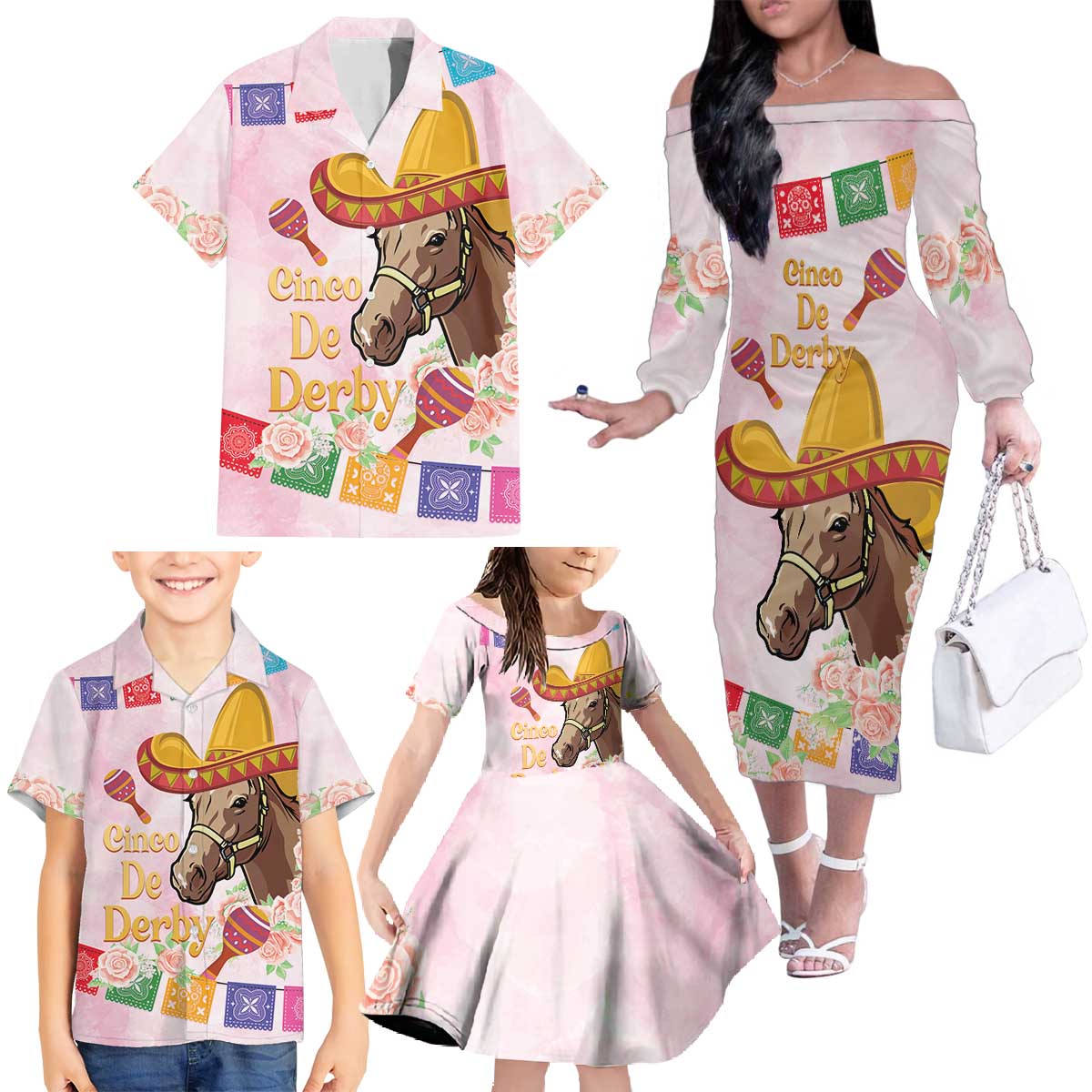 Cinco De Derby Family Matching Off The Shoulder Long Sleeve Dress and Hawaiian Shirt 2025 Sombrero Horse Racing