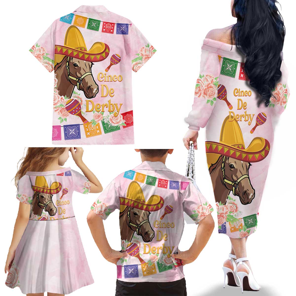 Cinco De Derby Family Matching Off The Shoulder Long Sleeve Dress and Hawaiian Shirt 2025 Sombrero Horse Racing