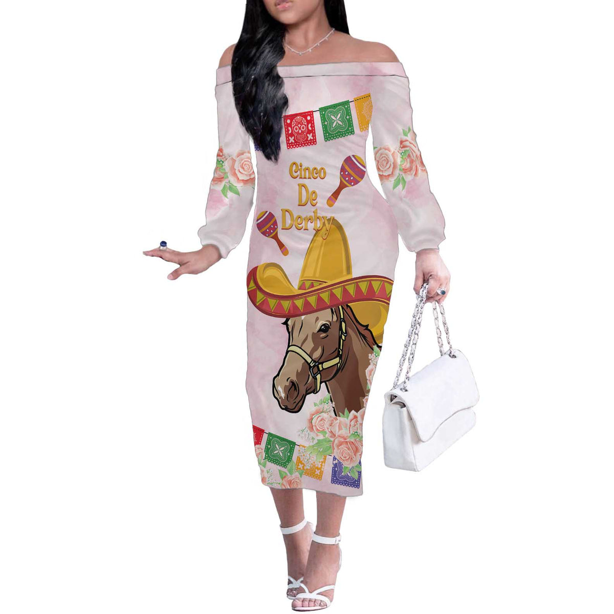 Cinco De Derby Off The Shoulder Long Sleeve Dress 2025 Sombrero Horse Racing