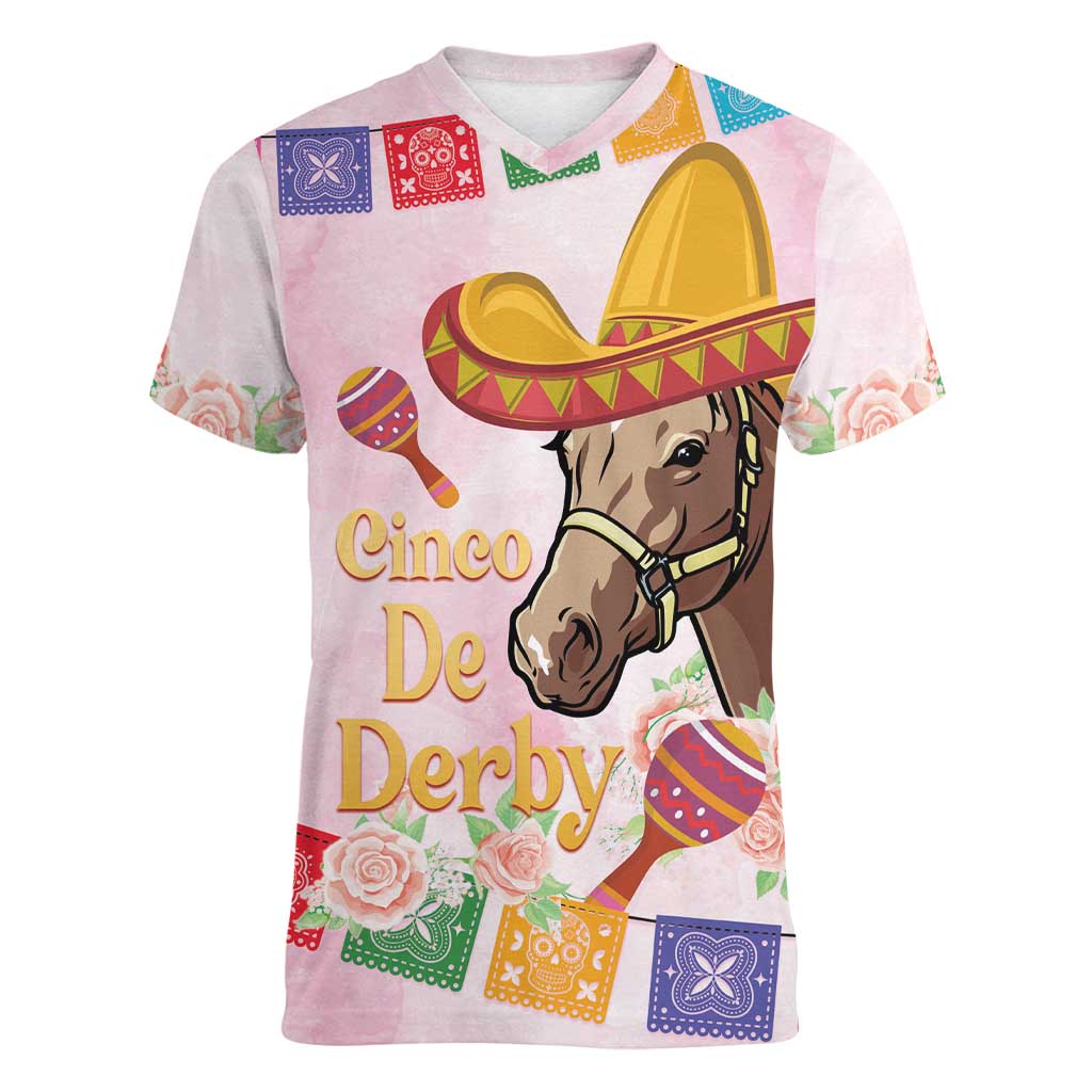 Cinco De Derby Women V-Neck T-Shirt 2025 Sombrero Horse Racing - Wonder Print Shop
