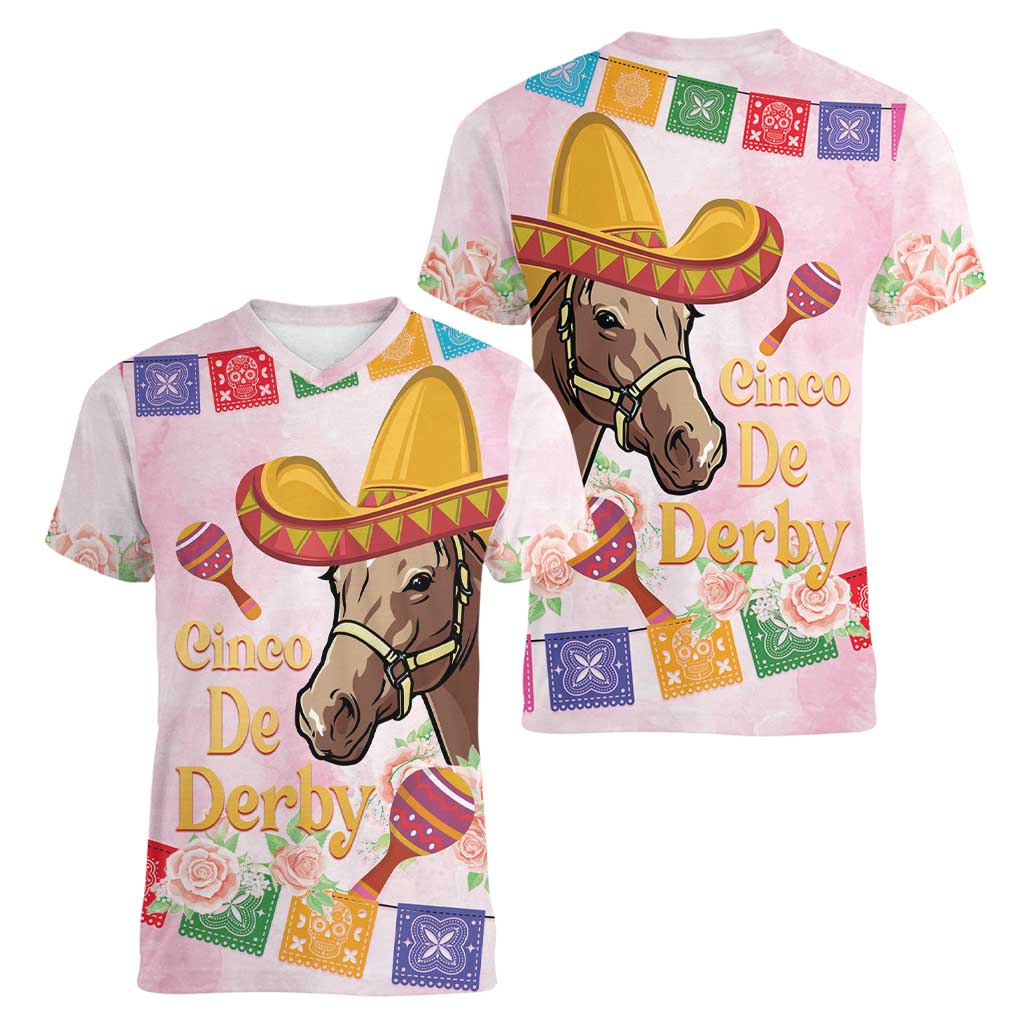 Cinco De Derby Women V-Neck T-Shirt 2025 Sombrero Horse Racing - Wonder Print Shop